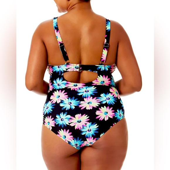 3/$20 💥California Waves NWT One Piece Swimsuit Black Neon Floral Keyhole Bust - Picture 4 of 12